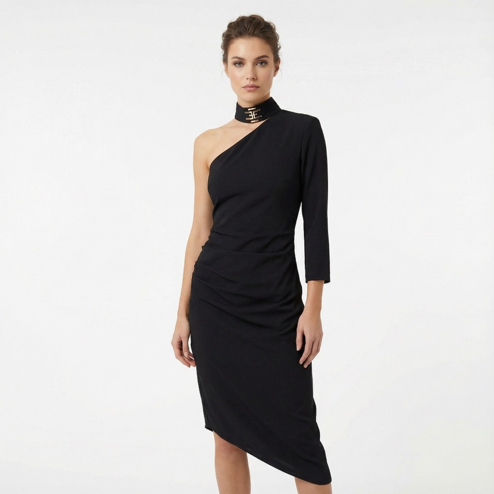 Elisabetta Franchi Black One-Shoulder Asymmetrical Midi Dress – IT 40 / US 4 / U